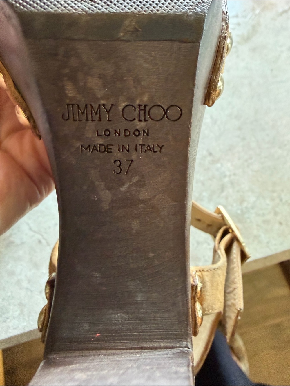 Jimmy Choo Tan Suede Buckle Platform Wooden Sandals - Picture 6 of 6
